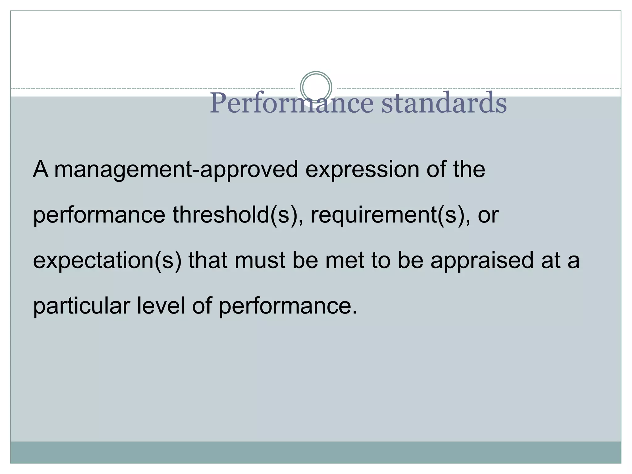Performance standards
A management-approved expression of the
performance threshold(s), requirement(s), or
expectation(s) that must be met to be appraised at a
particular level of performance.
 