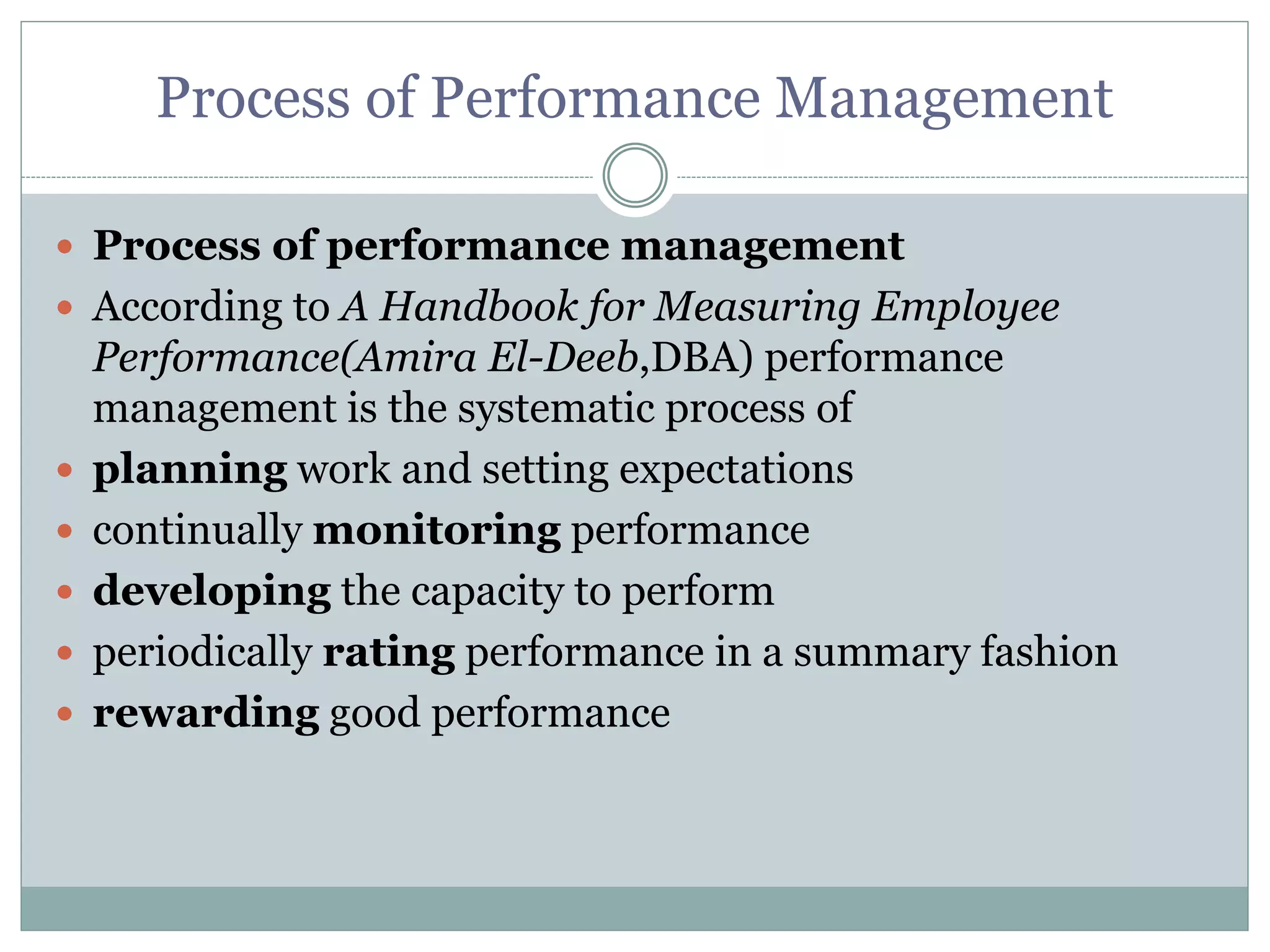 Process of Performance Management
 Process of performance management
 According to A Handbook for Measuring Employee
Performance(Amira El-Deeb,DBA) performance
management is the systematic process of
 planning work and setting expectations
 continually monitoring performance
 developing the capacity to perform
 periodically rating performance in a summary fashion
 rewarding good performance
 