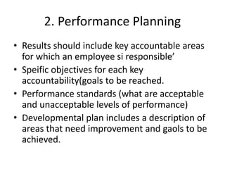 2. Performance Planning
• Results should include key accountable areas
for which an employee si responsible’
• Speific obj...