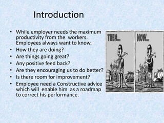 Introduction
• While employer needs the maximum
  productivity from the workers.
  Employees always want to know.
• How they are doing?
• Are things going great?
• Any positive feed back?
• Are they encouraging us to do better?
• Is there room for improvement?
• Employee need a Constructive advice
  which will enable him as a roadmap
  to correct his performance.
 