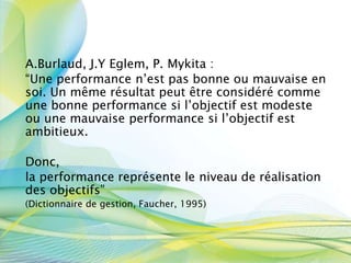 A.Burlaud, J.Y Eglem, P. Mykita :
“Une performance n’est pas bonne ou mauvaise en
soi. Un même résultat peut être considéré comme
une bonne performance si l’objectif est modeste
ou une mauvaise performance si l’objectif est
ambitieux.
Donc,
la performance représente le niveau de réalisation
des objectifs”
(Dictionnaire de gestion, Faucher, 1995)
 