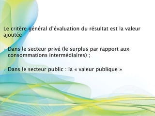 Le critère général d’évaluation du résultat est la valeur
ajoutée
 Dans le secteur privé (le surplus par rapport aux
consommations intermédiaires) ;
 Dans le secteur public : la « valeur publique »
 