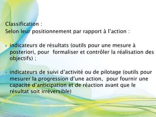Classification :
Selon leur positionnement par rapport à l’action :
 indicateurs de résultats (outils pour une mesure à
posteriori, pour formaliser et contrôler la réalisation des
objectifs) ;
 indicateurs de suivi d’activité ou de pilotage (outils pour
mesurer la progression d’une action, pour fournir une
capacité d’anticipation et de réaction avant que le
résultat soit irréversible)
 