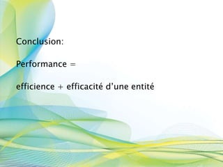 Conclusion:
Performance =
efficience + efficacité d’une entité
 