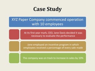 Case Study
XYZ Paper Company commenced operation
with 10 employees
At its first year mark, CEO, Jane Davis decided it was
necessary to evaluate the performance
Jane employed an incentive program in which
employees received a percentage of every sale made
The company was on track to increase in sales by 10%
 