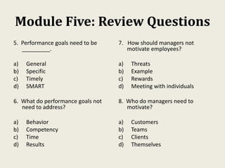 Module Five: Review Questions
5. Performance goals need to be
_________.
a) General
b) Specific
c) Timely
d) SMART
6. What do performance goals not
need to address?
a) Behavior
b) Competency
c) Time
d) Results
7. How should managers not
motivate employees?
a) Threats
b) Example
c) Rewards
d) Meeting with individuals
8. Who do managers need to
motivate?
a) Customers
b) Teams
c) Clients
d) Themselves
 
