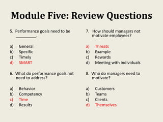Module Five: Review Questions
5. Performance goals need to be
_________.
a) General
b) Specific
c) Timely
d) SMART
6. What do performance goals not
need to address?
a) Behavior
b) Competency
c) Time
d) Results
7. How should managers not
motivate employees?
a) Threats
b) Example
c) Rewards
d) Meeting with individuals
8. Who do managers need to
motivate?
a) Customers
b) Teams
c) Clients
d) Themselves
 
