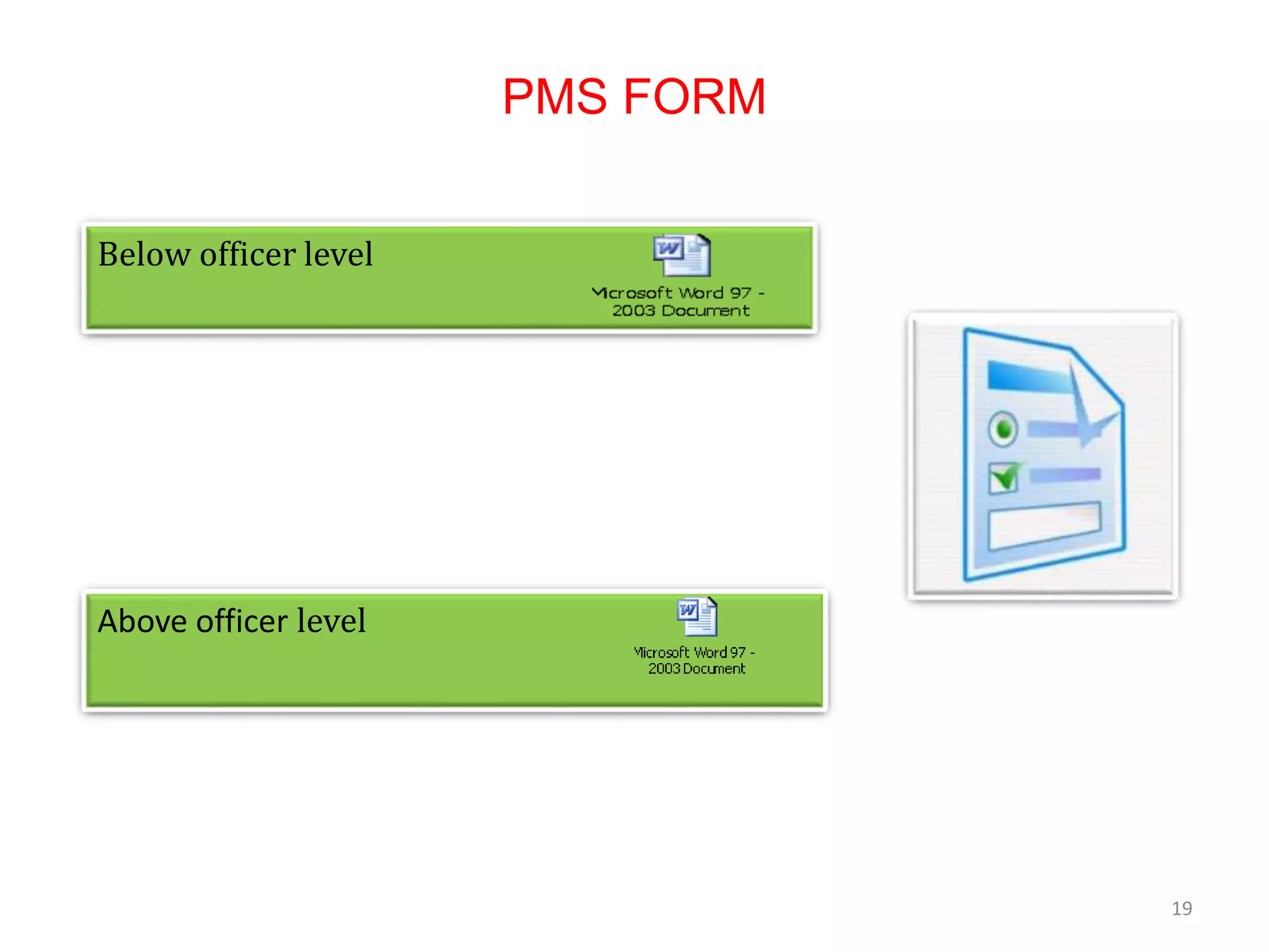 PMS FORM
Below officer level
19
Above officer level
 