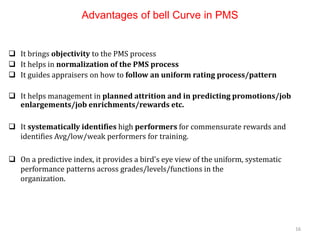 Advantages of bell Curve in PMS
 It brings objectivity to the PMS process
 It helps in normalization of the PMS process
 It guides appraisers on how to follow an uniform rating process/pattern
 It helps management in planned attrition and in predicting promotions/job
enlargements/job enrichments/rewards etc.
 It systematically identifies high performers for commensurate rewards and
identifies Avg/low/weak performers for training.
 On a predictive index, it provides a bird's eye view of the uniform, systematic
performance patterns across grades/levels/functions in the
organization.
16
 