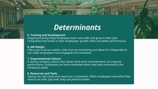 5. Training and Development:
Ongoing training helps employees learn new skills and grow in their jobs.
Companies that invest in their employees’ growth often see better performance.
6. Job Design:
How a job is set up matters. Jobs that are interesting and allow for independence
can make employees more engaged and motivated.
7. Organizational Culture:
A strong company culture that values hard work and teamwork can improve
performance. Employees are more dedicated when they feel connected to the
company’s goals.
8. Resources and Tools:
Having the right tools and resources is important. When employees have what they
need to do their jobs well, they can perform better.
Determinants
 