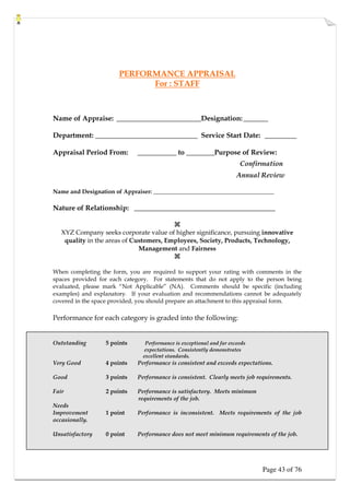 Page 43 of 76
PERFORMANCE APPRAISAL
For : STAFF
Name of Appraise: ________________________Designation: _______
Department: _____________________________ Service Start Date: _________
Appraisal Period From: ___________ to ________Purpose of Review:
Confirmation
Annual Review
Name and Designation of Appraiser: _________________________________________
Nature of Relationship: ________________________________________

XYZ Company seeks corporate value of higher significance, pursuing innovative
quality in the areas of Customers, Employees, Society, Products, Technology,
Management and Fairness

When completing the form, you are required to support your rating with comments in the
spaces provided for each category. For statements that do not apply to the person being
evaluated, please mark “Not Applicable” (NA). Comments should be specific (including
examples) and explanatory. If your evaluation and recommendations cannot be adequately
covered in the space provided, you should prepare an attachment to this appraisal form.
Performance for each category is graded into the following:
Outstanding 5 points Performance is exceptional and far exceeds
expectations. Consistently demonstrates
excellent standards.
Very Good 4 points Performance is consistent and exceeds expectations.
Good 3 points Performance is consistent. Clearly meets job requirements.
Fair 2 points Performance is satisfactory. Meets minimum
requirements of the job.
Needs
Improvement 1 point Performance is inconsistent. Meets requirements of the job
occasionally.
Unsatisfactory 0 point Performance does not meet minimum requirements of the job.
 
