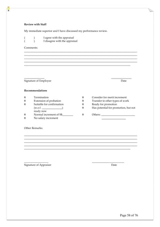 Page 58 of 76
Review with Staff
My immediate superior and I have discussed my performance review.
( ) I agree with the appraisal
( ) I disagree with the appraisal
Comments:
____________________________________________________________________________________
____________________________________________________________________________________
____________________________________________________________________________________
____________________________________________________________________________________
_______________________________________________________________________________
_______________ _______________
Signature of Employee Date
Recommendations
θ Termination θ Consider for merit increment
θ Extension of probation θ Transfer to other types of work
θ Suitable for confirmation θ Ready for promotion
(w.e.f. _______________) θ Has potential for promotion, but not
ready now
θ Normal increment of S$________ θ Others: _________________________
θ No salary increment __________________
Other Remarks:
____________________________________________________________________________________
____________________________________________________________________________________
____________________________________________________________________________________
____________________________________________________________________________________
_______________________________________________________________________________
__________________ ________________________
Signature of Appraiser Date
 