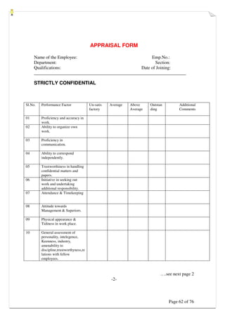 Page 62 of 76
APPRAISAL FORM
Name of the Employee: Emp.No.:
Department: Section:
Qualifications: Date of Joining:
___________________________________________________________________
STRICTLY CONFIDENTIAL
Sl.No. Performance Factor Un-satis
factory
Average Above
Average
Outstan
ding
Additional
Comments
01 Proficiency and accuracy in
work.
02 Ability to organize own
work.
03 Proficiency in
communication.
04 Ability to correspond
independently.
05 Trustworthiness in handling
confidential matters and
papers.
06 Initiative in seeking out
work and undertaking
additional responsibility.
07 Attendance  Timekeeping
08 Attitude towards
Management  Superiors.
09 Physical appearance 
Tidiness in work place.
10 General assessment of
personality, intelegence,
Keenness, industry,
amenability to
discipline,trustworthyness,re
lations with fellow
employees.
….see next page 2
-2-
 