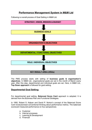 Performance Management System in M&M Ltd
Following is overall process of Goal Setting in M&M Ltd.

                 STRATEGY, VISION, MISSION & BUDGET




                            BUSINESS GOALS




                     ORGANIZATION’S OBJECTIVES




           DEPARTMENTAL / FUNCTIONAL OBJECTIVES




                    ROLE / INDIVIDUAL OBJECTIVES




                       KEY RESULT AREA (KRAs)


The PMS process starts with setting of business goals & organisation’s
objectives. In M&M Ltd., organizational goals are set in the month of March every
year. After this step, departmental and individual goals are set. Here, in M&M Ltd.,
Top Down approach is followed for goal setting.

Departmental Goal Setting:

For departmental goal setting, Balanced Score Card approach is adopted. It is
derived from the Business Plan and Functional Strategies.

In 1992, Robert S. Kalpan and David P. Norton’s concept of the Balanced Score
Card revolusionised conventional thinking about performance metrics. The balanced
scorecard measured performance on four perspectives:

          a.   Customer
          b.   Internal processes
          c.   Learning & Development
          d.   Financial
 