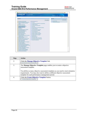 Training Guide
Oracle EBS R12 Performance Management
Step Action
2. Click the Manage Objective Template link.
3. The Manage Objective Template page enables you to create a objective
assessment template.
You define as many objective assessment templates as you need to meet enterprise
requirements. You may also want to define a different objective assessment
template for each performance-management period.
4. Click the Create Objective Template button.
Page 20
 
