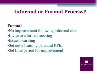 Informal or Formal Process?
Formal
•No improvement following informal chat
•Invite to a formal meeting
•Issue a warning
•Set out a training plan and KPIs
•Set time period for improvement
 