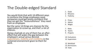 The Double-edged Standard 
You would think that with 14 different ways 
to reinforce the things employees need, 
companies could get pretty confident that 
they can get the “resourcefulness” they need 
from an employee. 
But the same 14 things are chances for the 
organization to screw up, and that’s a lot of 
chances. 
Doing a bad job on any of them has an after-effect 
that will widen the gap between the 
employee’s actual versus desired 
expectations, mobility and credibility in the 
sustained environment given to them for 
work. 
1. Goals 
2. Missions 
3. Publicity 
4. Prizes 
5. Advice 
6. Wages 
7. Roles 
8. Teams 
9. Projects 
10. Evaluations 
11. Supervision 
12. Workload 
13. Permissions 
14. Tasks 
 