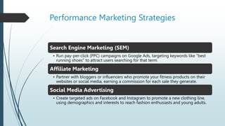 Performance Marketing Strategies
Search Engine Marketing (SEM)
• Run pay-per-click (PPC) campaigns on Google Ads, targeting keywords like "best
running shoes" to attract users searching for that term.
Affiliate Marketing
• Partner with bloggers or influencers who promote your fitness products on their
websites or social media, earning a commission for each sale they generate.
Social Media Advertising
• Create targeted ads on Facebook and Instagram to promote a new clothing line,
using demographics and interests to reach fashion enthusiasts and young adults.
 