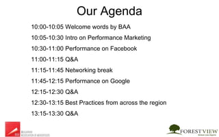 Our Agenda
10:00-10:05 Welcome words by BAA
10:05-10:30 Intro on Performance Marketing
10:30-11:00 Performance on Facebook
11:00-11:15 Q&A
11:15-11:45 Networking break
11:45-12:15 Performance on Google
12:15-12:30 Q&A
12:30-13:15 Best Practices from across the region
13:15-13:30 Q&A
 