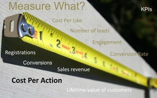 Measure What?
Conversions
Sales revenue
Number of leads
Conversion Rate
Cost Per Action
Lifetime value of customers
Registrations
Cost Per Like
Engagement
KPIs
 