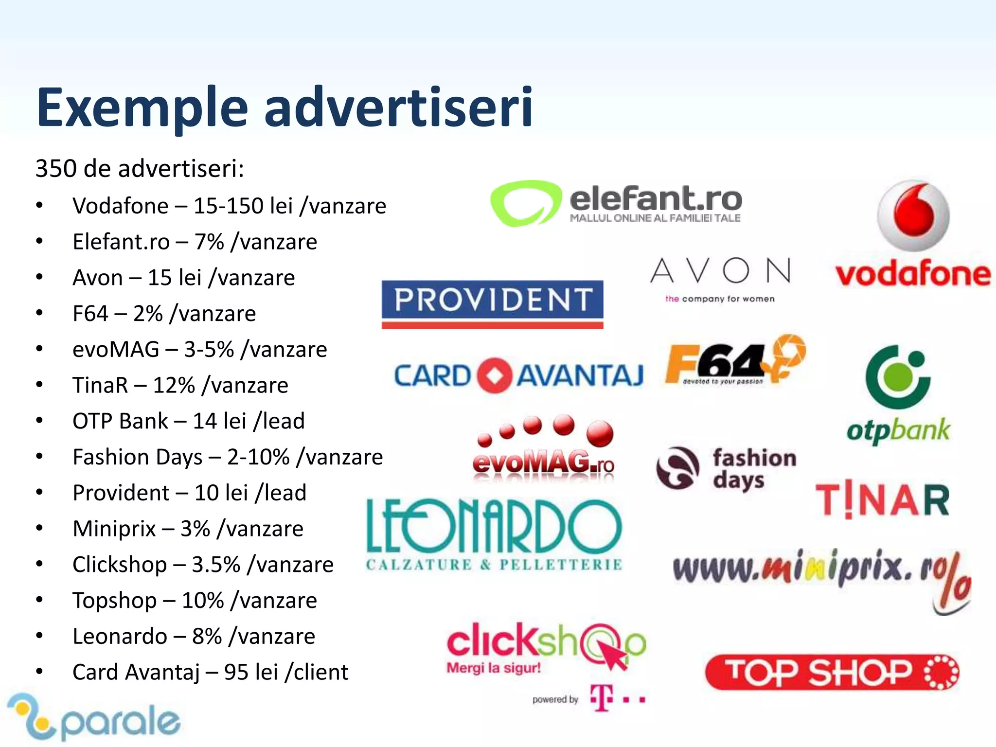 Exemple advertiseri
350 de advertiseri:
• Vodafone – 15-150 lei /vanzare
• Elefant.ro – 7% /vanzare
• Avon – 15 lei /vanzare
• F64 – 2% /vanzare
• evoMAG – 3-5% /vanzare
• TinaR – 12% /vanzare
• OTP Bank – 14 lei /lead
• Fashion Days – 2-10% /vanzare
• Provident – 10 lei /lead
• Miniprix – 3% /vanzare
• Clickshop – 3.5% /vanzare
• Topshop – 10% /vanzare
• Leonardo – 8% /vanzare
• Card Avantaj – 95 lei /client
 