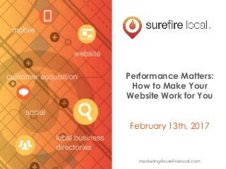 Performance Matters:
How to Make Your
Website Work for You
February 13th, 2017
marketing@surefirelocal.com
 
