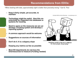 Recommendations from EDOs:
“When dealing with data, approximately right is better than precisely wrong.” Carl G. Thor


  – Keep it fairly simple, yet accurate, to
    maintain

  – Technology might be useful. How this could
    potentially be integrated into databases or
    systems for tracking

  – Need to agree on the measures we are using,
    develop a tracking system and develop a
    reporting system

  – A common approach would be welcome

  – Suggestions on sources of information

  – Don't do it. It is a slippery slope

  – Keeping any metrics as few as possible

  – Most ED departments do not have the
    time/resources to measure (Funding needed)
                                                                                             24
 