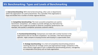 XV. Benchmarking: Types and Levels of Benchmarking
1. Internal benchmarking: With internal benchmarking, other units or departments
within the organization are used to benchmark. This is possible if the organization is
large and divided into a number of similar regional divisions.
2. Competitive benchmarking: The most successful competitors are used to
benchmark. Competitors are unlikely to provide willingly any information for
comparison, but it might be possible to observes competitor performance ( for
example, how quickly a competitor processes customer orders).
3. Functional benchmarking: Comparisons are made with a similar function in the
organizations that are not direct competitors. For example, a fast-food restaurant
operator might compare its buying function with buying in a supermarket chain.
4. Strategic benchmarking: It is a form of competitive benchmarking aimed at
reaching decisions for strategic action and organizational change. Companies in the
same industry might agree to join a collaborative benchmarking process, managed by
an independent third party such as trade organization.
 