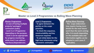 @magedkom /in/magedkom ArabPlanners @profplanner
Master vs Level 2 Programmes vs Rolling Wave Planning
Master Programme:
- In case of having multiple
projects/ packages/
contractors (subs).
- Level 2 or 3 Programme
depending on the purpose.
- Level 2 can be appropriate
for progress monitoring
while level 3 can address
interfaces/dependencies.
Level 2 Programme:
- To agree between the
parties on the scope
priorities.
- To check the sequence,
constructability and key
resources required.
- To set initial dates for the
high level milestones using
parametric estimation.
Rolling Wave Planning:
- The scope elaboration
may require having more
details for the near future
work than the work coming
after 3-6 month depending
on the available data and
information (agility can be
adopted in such cases if
applicable).
 