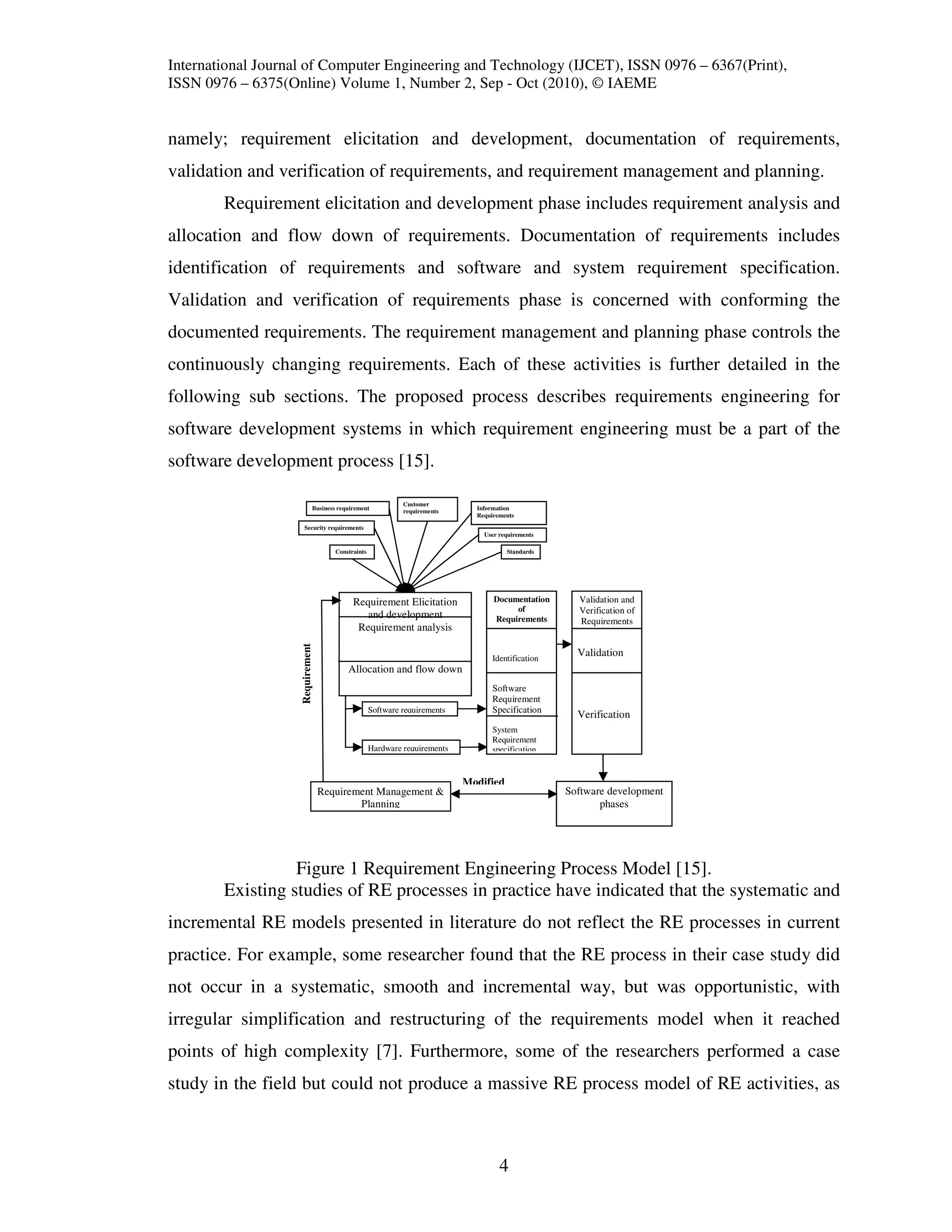 International Journal of Computer Engineering and Technology (IJCET), ISSN 0976 – 6367(Print),
ISSN 0976 – 6375(Online) Volume 1, Number 2, Sep - Oct (2010), © IAEME


namely; requirement elicitation and development, documentation of requirements,
validation and verification of requirements, and requirement management and planning.
        Requirement elicitation and development phase includes requirement analysis and
allocation and flow down of requirements. Documentation of requirements includes
identification of requirements and software and system requirement specification.
Validation and verification of requirements phase is concerned with conforming the
documented requirements. The requirement management and planning phase controls the
continuously changing requirements. Each of these activities is further detailed in the
following sub sections. The proposed process describes requirements engineering for
software development systems in which requirement engineering must be a part of the
software development process [15].

                                                             Customer
                              Business requirement                            Information
                                                             requirements
                                                                              Requirements
                      Security requirements
                                                                                User requirements

                                      Constraints                                      Standards




                                            Requirement Elicitation                Documentation      Validation and
                                                                                        of            Verification of
                                               and development                     Requirements       Requirements
                                             Requirement analysis
                    Requirement




                                                                                   Identification
                                                                                                      Validation
                                          Allocation and flow down
                                                                                   Software
                                                                                   Requirement
                                                    Software requirements          Specification
                                                                                                      Verification
                                                                                   System
                                                                                   Requirement
                                                    Hardware requirements          specification


                                                                            Modified
                                  Requirement Management &                                          Software development
                                          Planning                                                         phases




                  Figure 1 Requirement Engineering Process Model [15].
        Existing studies of RE processes in practice have indicated that the systematic and
incremental RE models presented in literature do not reflect the RE processes in current
practice. For example, some researcher found that the RE process in their case study did
not occur in a systematic, smooth and incremental way, but was opportunistic, with
irregular simplification and restructuring of the requirements model when it reached
points of high complexity [7]. Furthermore, some of the researchers performed a case
study in the field but could not produce a massive RE process model of RE activities, as



                                                                                     4
 