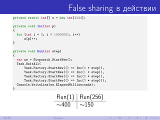 False sharing в действии
private static int[] x = new int[1024];
private void Inc(int p)
{
for (int i = 0; i < 10000001; i++)
x[p]++;
}
private void Run(int step)
{
var sw = Stopwatch.StartNew();
Task.WaitAll(
Task.Factory.StartNew(() => Inc(0 * step)),
Task.Factory.StartNew(() => Inc(1 * step)),
Task.Factory.StartNew(() => Inc(2 * step)),
Task.Factory.StartNew(() => Inc(3 * step)));
Console.WriteLine(sw.ElapsedMilliseconds);
}
Run(1) Run(256)
∼400 ∼150
19/48 Теория
 