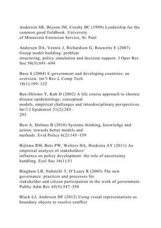 Anderson SR, Bryson JM, Crosby BC (1999) Leadership for the
common good fieldbook. University
of Minnesota Extension Service, St. Paul
Andersen DA, Vennix J, Richardson G, Rouwette E (2007)
Group model building: problem
structuring, policy simulation and decision support. J Oper Res
Soc 58(5):691–694
Basu S (2004) E-government and developing countries: an
overview. Int’l Rev L Comp Tech
18(1):109–132
Ben-Shlomo Y, Kuh D (2002) A life course approach to chronic
disease epidemiology: conceptual
models, empirical challenges and interdisciplinary perspectives.
Int’l J Epidemiol 31(2):285–
293
Best A, Holmes B (2010) Systems thinking, knowledge and
action: towards better models and
methods. Evid Policy 6(2):145–159
Bijlsma RM, Bots PW, Wolters HA, Hoekstra AY (2011) An
empirical analysis of stakeholders’
influence on policy development: the role of uncertainty
handling. Ecol Soc 16(1):51
Bingham LB, Nabatchi T, O’Leary R (2005) The new
governance: practices and processes for
stakeholder and citizen participation in the work of government.
Public Adm Rev 65(5):547–558
Black LJ, Andersen DF (2012) Using visual representations as
boundary objects to resolve conflict
 