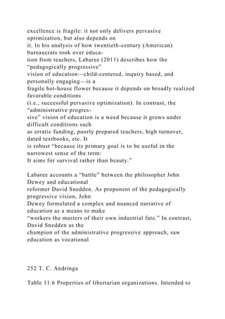 excellence is fragile: it not only delivers pervasive
optimization, but also depends on
it. In his analysis of how twentieth-century (American)
bureaucrats took over educa-
tion from teachers, Labaree (2011) describes how the
“pedagogically progressive”
vision of education—child-centered, inquiry based, and
personally engaging—is a
fragile hot-house flower because it depends on broadly realized
favorable conditions
(i.e., successful pervasive optimization). In contrast, the
“administrative progres-
sive” vision of education is a weed because it grows under
difficult conditions such
as erratic funding, poorly prepared teachers, high turnover,
dated textbooks, etc. It
is robust “because its primary goal is to be useful in the
narrowest sense of the term:
It aims for survival rather than beauty.”
Labaree accounts a “battle” between the philosopher John
Dewey and educational
reformer David Snedden. As proponent of the pedagogically
progressive vision, John
Dewey formulated a complex and nuanced narrative of
education as a means to make
“workers the masters of their own industrial fate.” In contrast,
David Snedden as the
champion of the administrative progressive approach, saw
education as vocational
252 T. C. Andringa
Table 11.6 Properties of libertarian organizations. Intended to
 