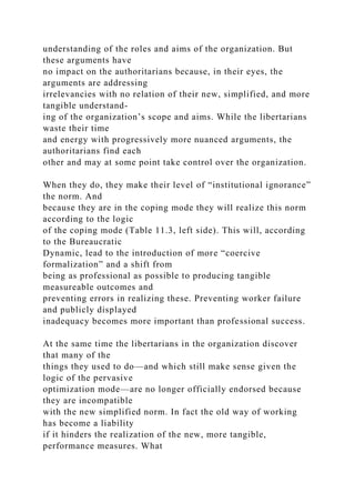understanding of the roles and aims of the organization. But
these arguments have
no impact on the authoritarians because, in their eyes, the
arguments are addressing
irrelevancies with no relation of their new, simplified, and more
tangible understand-
ing of the organization’s scope and aims. While the libertarians
waste their time
and energy with progressively more nuanced arguments, the
authoritarians find each
other and may at some point take control over the organization.
When they do, they make their level of “institutional ignorance”
the norm. And
because they are in the coping mode they will realize this norm
according to the logic
of the coping mode (Table 11.3, left side). This will, according
to the Bureaucratic
Dynamic, lead to the introduction of more “coercive
formalization” and a shift from
being as professional as possible to producing tangible
measureable outcomes and
preventing errors in realizing these. Preventing worker failure
and publicly displayed
inadequacy becomes more important than professional success.
At the same time the libertarians in the organization discover
that many of the
things they used to do—and which still make sense given the
logic of the pervasive
optimization mode—are no longer officially endorsed because
they are incompatible
with the new simplified norm. In fact the old way of working
has become a liability
if it hinders the realization of the new, more tangible,
performance measures. What
 