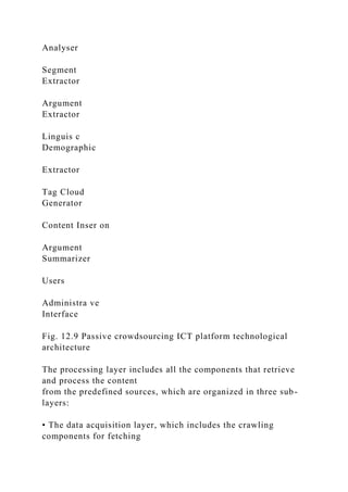 Analyser
Segment
Extractor
Argument
Extractor
Linguis c
Demographic
Extractor
Tag Cloud
Generator
Content Inser on
Argument
Summarizer
Users
Administra ve
Interface
Fig. 12.9 Passive crowdsourcing ICT platform technological
architecture
The processing layer includes all the components that retrieve
and process the content
from the predefined sources, which are organized in three sub-
layers:
• The data acquisition layer, which includes the crawling
components for fetching
 