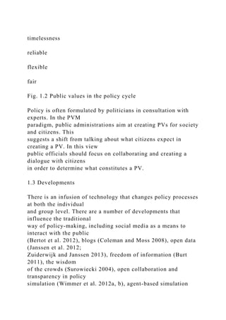 timelessness
reliable
flexible
fair
Fig. 1.2 Public values in the policy cycle
Policy is often formulated by politicians in consultation with
experts. In the PVM
paradigm, public administrations aim at creating PVs for society
and citizens. This
suggests a shift from talking about what citizens expect in
creating a PV. In this view
public officials should focus on collaborating and creating a
dialogue with citizens
in order to determine what constitutes a PV.
1.3 Developments
There is an infusion of technology that changes policy processes
at both the individual
and group level. There are a number of developments that
influence the traditional
way of policy-making, including social media as a means to
interact with the public
(Bertot et al. 2012), blogs (Coleman and Moss 2008), open data
(Janssen et al. 2012;
Zuiderwijk and Janssen 2013), freedom of information (Burt
2011), the wisdom
of the crowds (Surowiecki 2004), open collaboration and
transparency in policy
simulation (Wimmer et al. 2012a, b), agent-based simulation
 