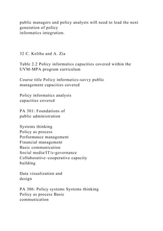 public managers and policy analysts will need to lead the next
generation of policy
informatics integration.
32 C. Koliba and A. Zia
Table 2.2 Policy informatics capacities covered within the
UVM-MPA program curriculum
Course title Policy informatics-savvy public
management capacities covered
Policy informatics analysis
capacities covered
PA 301: Foundations of
public administration
Systems thinking
Policy as process
Performance management
Financial management
Basic communication
Social media/IT/e-governance
Collaborative–cooperative capacity
building
Data visualization and
design
PA 306: Policy systems Systems thinking
Policy as process Basic
communication
 