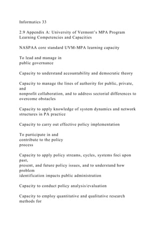Informatics 33
2.9 Appendix A: University of Vermont’s MPA Program
Learning Competencies and Capacities
NASPAA core standard UVM-MPA learning capacity
To lead and manage in
public governance
Capacity to understand accountability and democratic theory
Capacity to manage the lines of authority for public, private,
and
nonprofit collaboration, and to address sectorial differences to
overcome obstacles
Capacity to apply knowledge of system dynamics and network
structures in PA practice
Capacity to carry out effective policy implementation
To participate in and
contribute to the policy
process
Capacity to apply policy streams, cycles, systems foci upon
past,
present, and future policy issues, and to understand how
problem
identification impacts public administration
Capacity to conduct policy analysis/evaluation
Capacity to employ quantitative and qualitative research
methods for
 