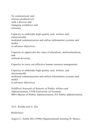 To communicate and
interact productively
with a diverse and
changing workforce and
citizenry
Capacity to undertake high quality oral, written, and
electronically
mediated communication and utilize information systems and
media
to advance objectives
Capacity to appreciate the value of pluralism, multiculturalism,
and
cultural diversity
Capacity to carry out effective human resource management
Capacity to undertake high quality oral, written, and
electronically
mediated communication and utilize information systems and
media
to advance objectives
NASPAA Network of Schools of Public Affairs and
Administration, UVM University of Vermont,
MPA Master of Public Administration, PA Public administration
34 C. Koliba and A. Zia
References
Argyis C, Schön DA (1996) Organizational learning II: theory,
 