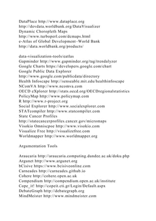 DataPlace http://www.dataplace.org
http://devdata.worldbank.org/DataVisualizer
Dynamic Choropleth Maps
http://www.turboperl.com/dcmaps.html
e-Atlas of Global Development–World Bank
http://data.worldbank.org/products/
data-visualization-tools/eatlas
Gapminder http://www.gapminder.org/tag/trendalyzer
Google Charts https://developers.google.com/chart
Google Public Data Explorer
http://www.google.com/publicdata/directory
Health Infoscape http://senseable.mit.edu/healthinfoscape
NComVA http://www.ncomva.com
OECD eXplorer http://stats.oecd.org/OECDregionalstatistics
PolicyMap http://www.policymap.com
R http://www.r-project.org
Social Explorer http://www.socialexplorer.com
STATcompiler http://www.statcompiler.com
State Cancer Profiles
http://statecancerprofiles.cancer.gov/micromaps
Visokio Omniscpoe http://www.visokio.com
Visualize Free http://visualizefree.com
Worldmapper http://www.worldmapper.org
Argumentation Tools
Araucaria http://araucaria.computing.dundee.ac.uk/doku.php
Argunet http://www.argunet.org
bCisive https://www.bcisiveonline.com
Carneades http://carneades.github.io
Cohere http://cohere.open.ac.uk
Compendium http://compendium.open.ac.uk/institute
Cope_it! http://copeit.cti.gr/Login/Default.aspx
DebateGraph http://debategraph.org
MindMeister http://www.mindmeister.com
 