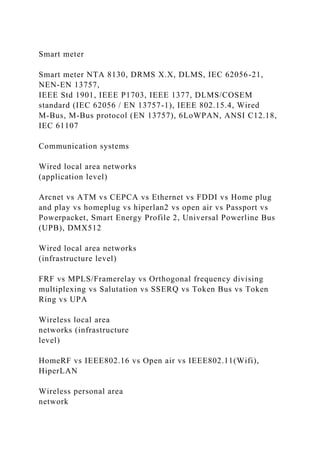 Smart meter
Smart meter NTA 8130, DRMS X.X, DLMS, IEC 62056-21,
NEN-EN 13757,
IEEE Std 1901, IEEE P1703, IEEE 1377, DLMS/COSEM
standard (IEC 62056 / EN 13757-1), IEEE 802.15.4, Wired
M-Bus, M-Bus protocol (EN 13757), 6LoWPAN, ANSI C12.18,
IEC 61107
Communication systems
Wired local area networks
(application level)
Arcnet vs ATM vs CEPCA vs Ethernet vs FDDI vs Home plug
and play vs homeplug vs hiperlan2 vs open air vs Passport vs
Powerpacket, Smart Energy Profile 2, Universal Powerline Bus
(UPB), DMX512
Wired local area networks
(infrastructure level)
FRF vs MPLS/Framerelay vs Orthogonal frequency divising
multiplexing vs Salutation vs SSERQ vs Token Bus vs Token
Ring vs UPA
Wireless local area
networks (infrastructure
level)
HomeRF vs IEEE802.16 vs Open air vs IEEE802.11(Wifi),
HiperLAN
Wireless personal area
network
 