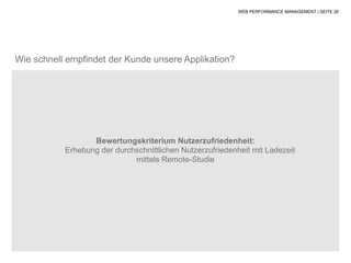 WEB PERFORMANCE MANAGEMENT | SEITE 26




Wie schnell empfindet der Kunde unsere Applikation?




                  Bewertungskriterium Nutzerzufriedenheit:
           Erhebung der durchschnittlichen Nutzerzufriedenheit mit Ladezeit
                             mittels Remote-Studie
 