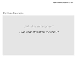 WEB PERFORMANCE MANAGEMENT | SEITE 5




Ermittlung Grenzwerte




                        „Wir sind zu langsam!“

                „Wie schnell wollen wir sein?“
 