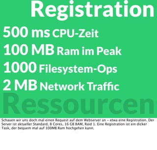 Ressourcen
CPU Request:
30-2000 ms CPU-Zeit
RAM Request:
ca 20 MB Resident Size
Storage Request:
0-X0.000 Ops
An dritter Stelle kommt Storage, klassischerweise lokal, zunehmend aber auch über das
Netzwerk. Hier gibt es je nach Caching- und Template-Logik zwischen - im Optimalfall - 0
echten Operationen, bishin zu mehreren zehntausend, die pro Request durchgeführt werden.
Wir haben schon Netzwerke gesehen, die nur über Metadaten-Abfragen für das Filesystem
saturiert wurden.
 