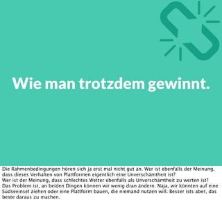 O(n)
0
5
10
15
20
1 2 3 4 5 6 7 8 9 10
Konstant Logarithmisch Linear Quadratisch
Exponentiell
100 Nutzer != 2 * 50 Nutzer
Und genau da wirds hakelig mit dem Performance-Messen - weil ich kann eben nicht
einfache Multiplikation oder Addition machen. Wenn meine Logik im Schwerpunkt
logarithmisch ist, dann macht brauche ich mit 500 Nutzern nicht deutlich mehr Ressourcen
als mit 400. Wenn sie Quadratisch ist, dann brauche ich allerdings mit doppelt so vielen
Nutzern 4 mal so viele Rechner.
 