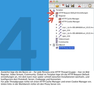 4 JMeter
Zunächst lege die die Basics an - für jede Persona eine HTTP Thread Gruppe - hier im Bild
Register, Video Stream, Community. Global im Testplan lege ich die HTTP Request Default
einstellungen an, mit dem kann man später schnell zwischen Installationen wechseln, und
konﬁguriere dort Protokoll, Server, Codepage und Konsorten.
Für jede Threadgruppe richte ich einen HTTP Cache Manager und einen Cookie Manager ein.
Unten links in der Workbench richte ich den Proxy Server ein.
 