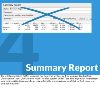 4
überhaupt eine Antwort
die richtige Antwort
Geschwindigkeit
Aber was will man wissen und messen - zunächst einmal das offensichtliche, was einem auch
ab, siege, httperf und Konsorten mitteilen - gibt es überhaupt eine Antwort, und wenn ja,
was das eine, die ich habe wollten. Und natürlich - war sie so schnell, dass die Nutzer noch
am Rechner sind wenn die Antwort ﬁnal einmal ankommt.
 