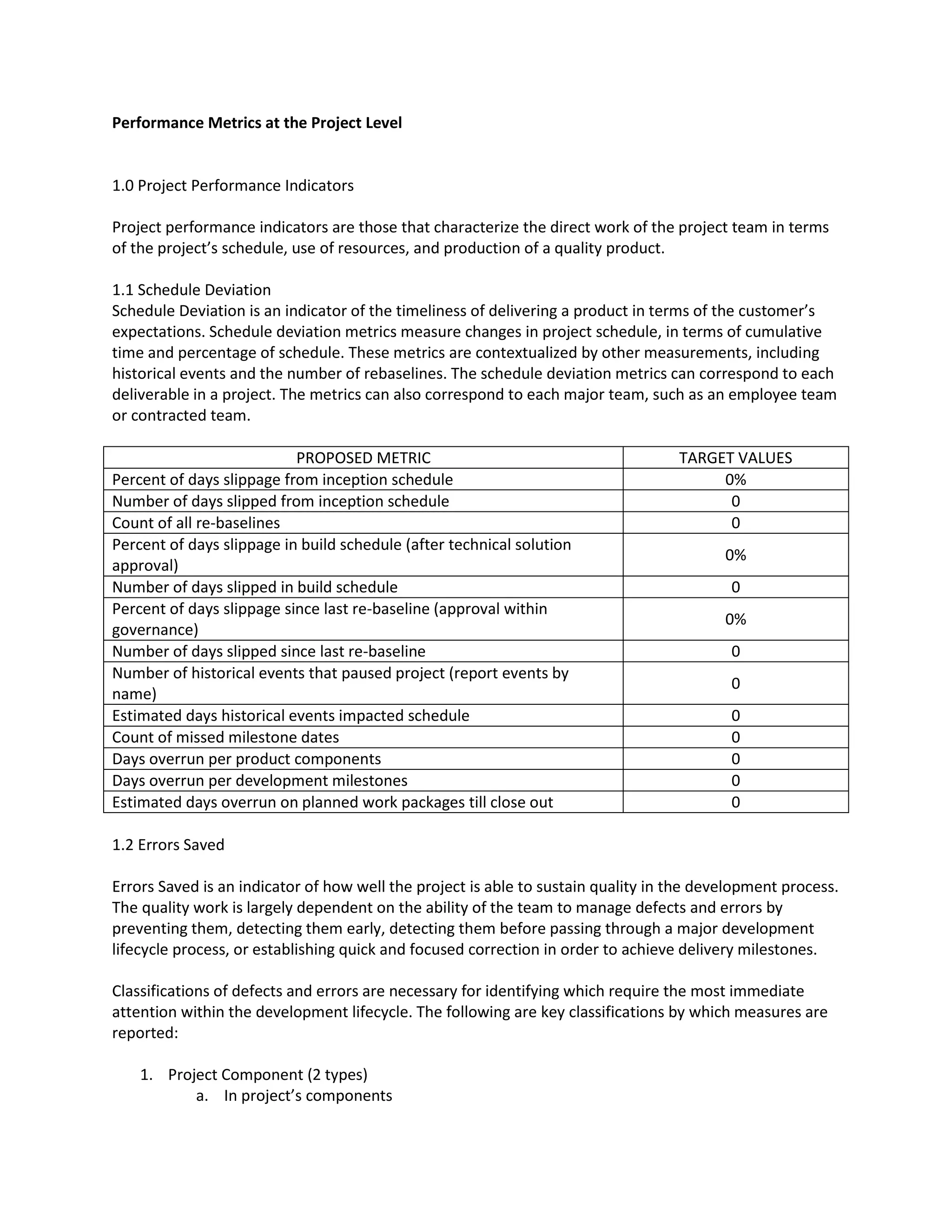 Performance Metrics at the Project Level
1.0 Project Performance Indicators
Project performance indicators are those that characterize the direct work of the project team in terms
of the project’s schedule, use of resources, and production of a quality product.
1.1 Schedule Deviation
Schedule Deviation is an indicator of the timeliness of delivering a product in terms of the customer’s
expectations. Schedule deviation metrics measure changes in project schedule, in terms of cumulative
time and percentage of schedule. These metrics are contextualized by other measurements, including
historical events and the number of rebaselines. The schedule deviation metrics can correspond to each
deliverable in a project. The metrics can also correspond to each major team, such as an employee team
or contracted team.
PROPOSED METRIC TARGET VALUES
Percent of days slippage from inception schedule 0%
Number of days slipped from inception schedule 0
Count of all re-baselines 0
Percent of days slippage in build schedule (after technical solution
approval)
0%
Number of days slipped in build schedule 0
Percent of days slippage since last re-baseline (approval within
governance)
0%
Number of days slipped since last re-baseline 0
Number of historical events that paused project (report events by
name)
0
Estimated days historical events impacted schedule 0
Count of missed milestone dates 0
Days overrun per product components 0
Days overrun per development milestones 0
Estimated days overrun on planned work packages till close out 0
1.2 Errors Saved
Errors Saved is an indicator of how well the project is able to sustain quality in the development process.
The quality work is largely dependent on the ability of the team to manage defects and errors by
preventing them, detecting them early, detecting them before passing through a major development
lifecycle process, or establishing quick and focused correction in order to achieve delivery milestones.
Classifications of defects and errors are necessary for identifying which require the most immediate
attention within the development lifecycle. The following are key classifications by which measures are
reported:
1. Project Component (2 types)
a. In project’s components
 