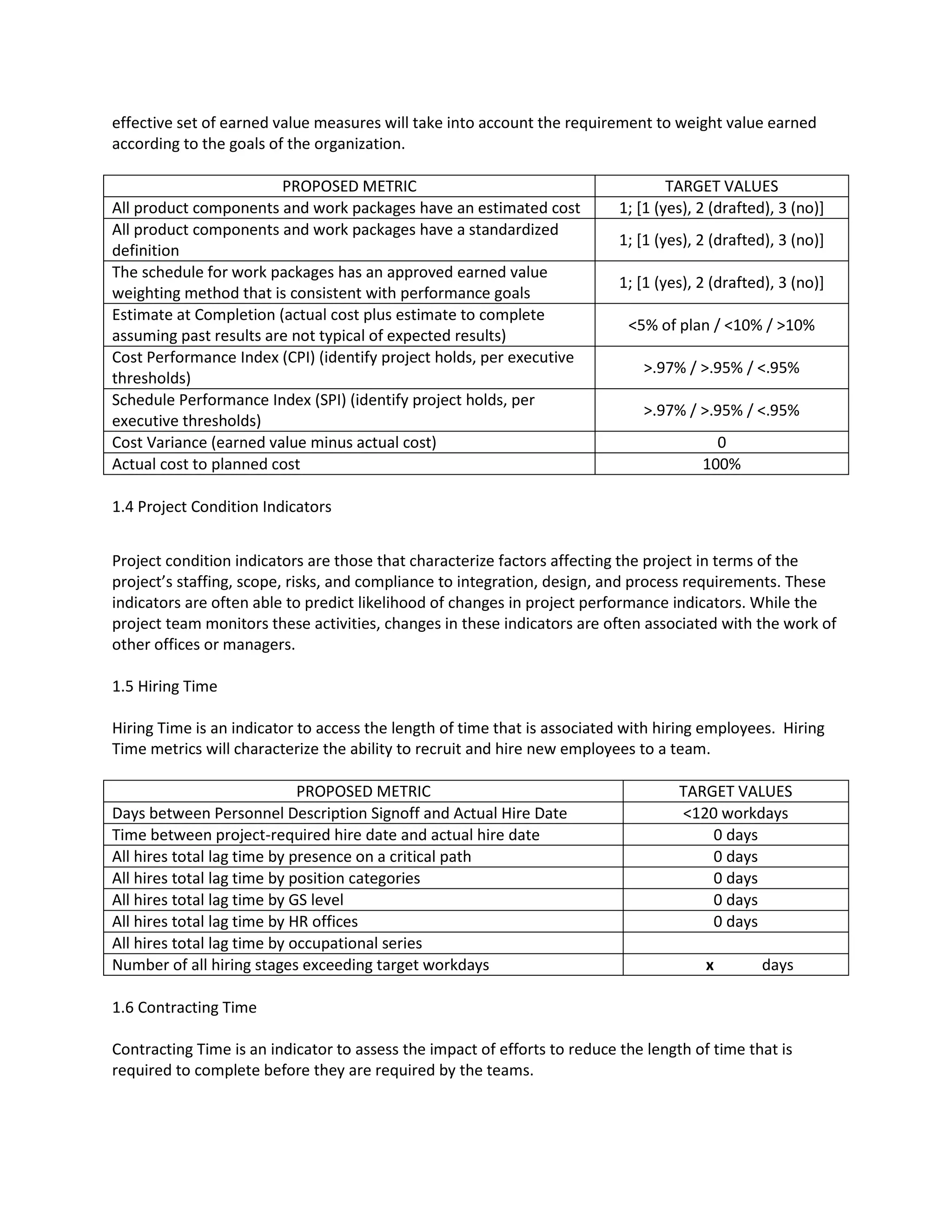 effective set of earned value measures will take into account the requirement to weight value earned
according to the goals of the organization.
PROPOSED METRIC TARGET VALUES
All product components and work packages have an estimated cost 1; [1 (yes), 2 (drafted), 3 (no)]
All product components and work packages have a standardized
definition
1; [1 (yes), 2 (drafted), 3 (no)]
The schedule for work packages has an approved earned value
weighting method that is consistent with performance goals
1; [1 (yes), 2 (drafted), 3 (no)]
Estimate at Completion (actual cost plus estimate to complete
assuming past results are not typical of expected results)
<5% of plan / <10% / >10%
Cost Performance Index (CPI) (identify project holds, per executive
thresholds)
>.97% / >.95% / <.95%
Schedule Performance Index (SPI) (identify project holds, per
executive thresholds)
>.97% / >.95% / <.95%
Cost Variance (earned value minus actual cost) 0
Actual cost to planned cost 100%
1.4 Project Condition Indicators
Project condition indicators are those that characterize factors affecting the project in terms of the
project’s staffing, scope, risks, and compliance to integration, design, and process requirements. These
indicators are often able to predict likelihood of changes in project performance indicators. While the
project team monitors these activities, changes in these indicators are often associated with the work of
other offices or managers.
1.5 Hiring Time
Hiring Time is an indicator to access the length of time that is associated with hiring employees. Hiring
Time metrics will characterize the ability to recruit and hire new employees to a team.
PROPOSED METRIC TARGET VALUES
Days between Personnel Description Signoff and Actual Hire Date <120 workdays
Time between project-required hire date and actual hire date 0 days
All hires total lag time by presence on a critical path 0 days
All hires total lag time by position categories 0 days
All hires total lag time by GS level 0 days
All hires total lag time by HR offices 0 days
All hires total lag time by occupational series
Number of all hiring stages exceeding target workdays x days
1.6 Contracting Time
Contracting Time is an indicator to assess the impact of efforts to reduce the length of time that is
required to complete before they are required by the teams.
 