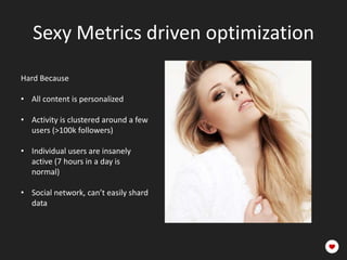 Sexy Metrics driven optimization
Hard Because

• All content is personalized

• Activity is clustered around a few
  users (>100k followers)

• Individual users are insanely
  active (7 hours in a day is
  normal)

• Social network, can’t easily shard
  data
 